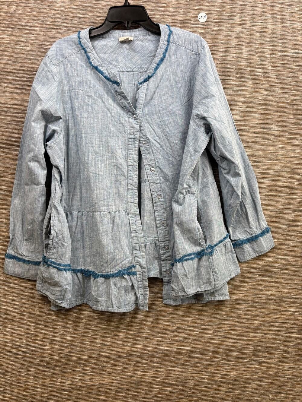 LOGO By Lori Goldstein Blouse Womens 2X Blue Button Front Fringe Tunic Top NEW